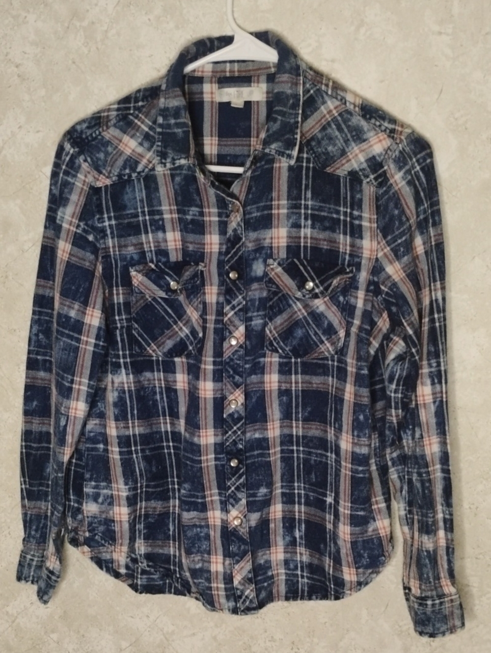 love, Fire White and Blue Plaid Snap Button Down, Western, Cowboy, Rodeo/ Large